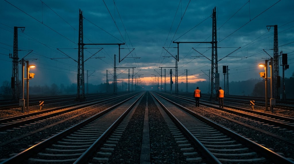 Symmetrische Gleisanlage mit Sicherungspersonal bei Blue Hour