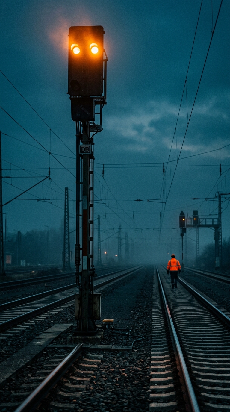 Bahnsignal mit Warnleuchten am Gleis